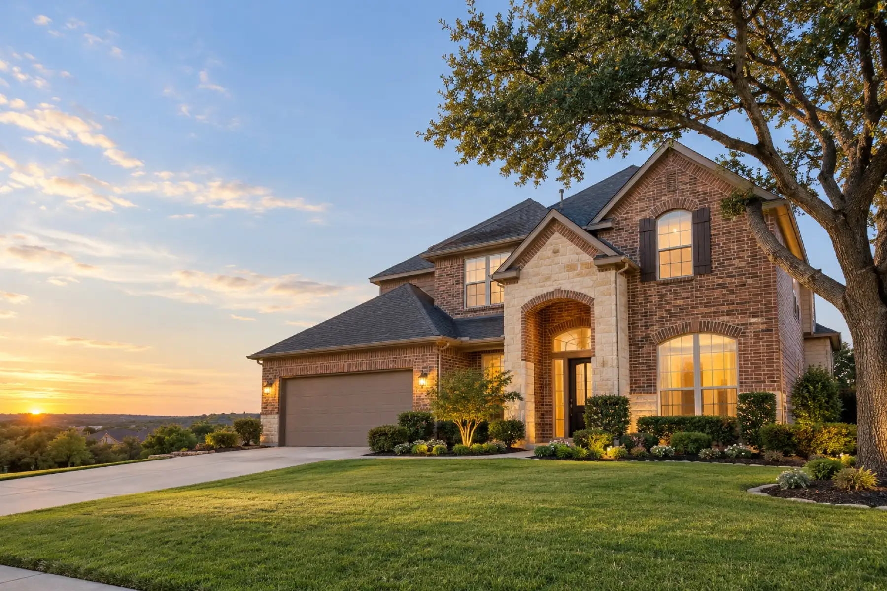 Two-story brick home in a North Texas suburb at sunset