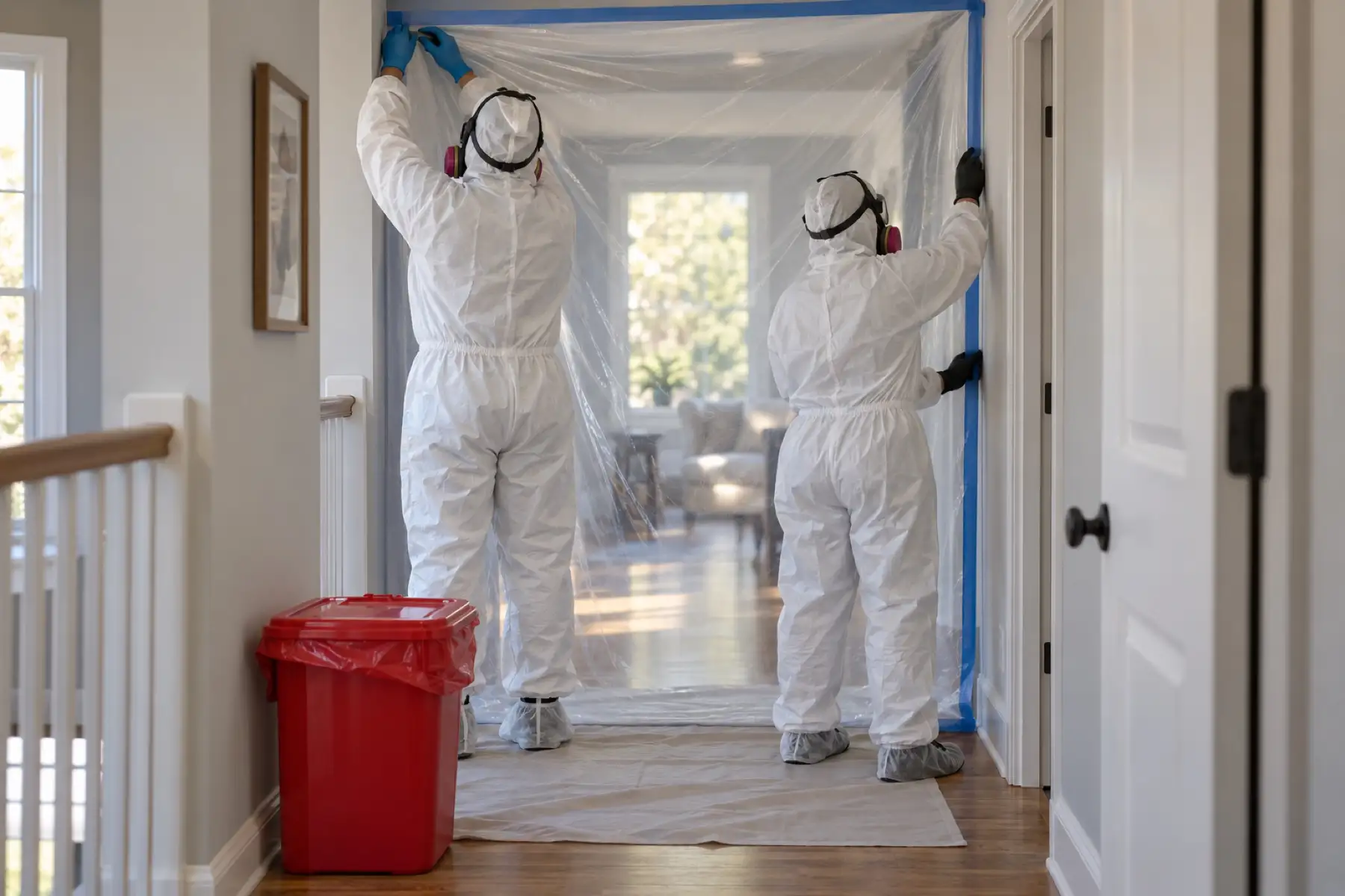 Two technicians in protective suits setting up plastic containment in a hallway