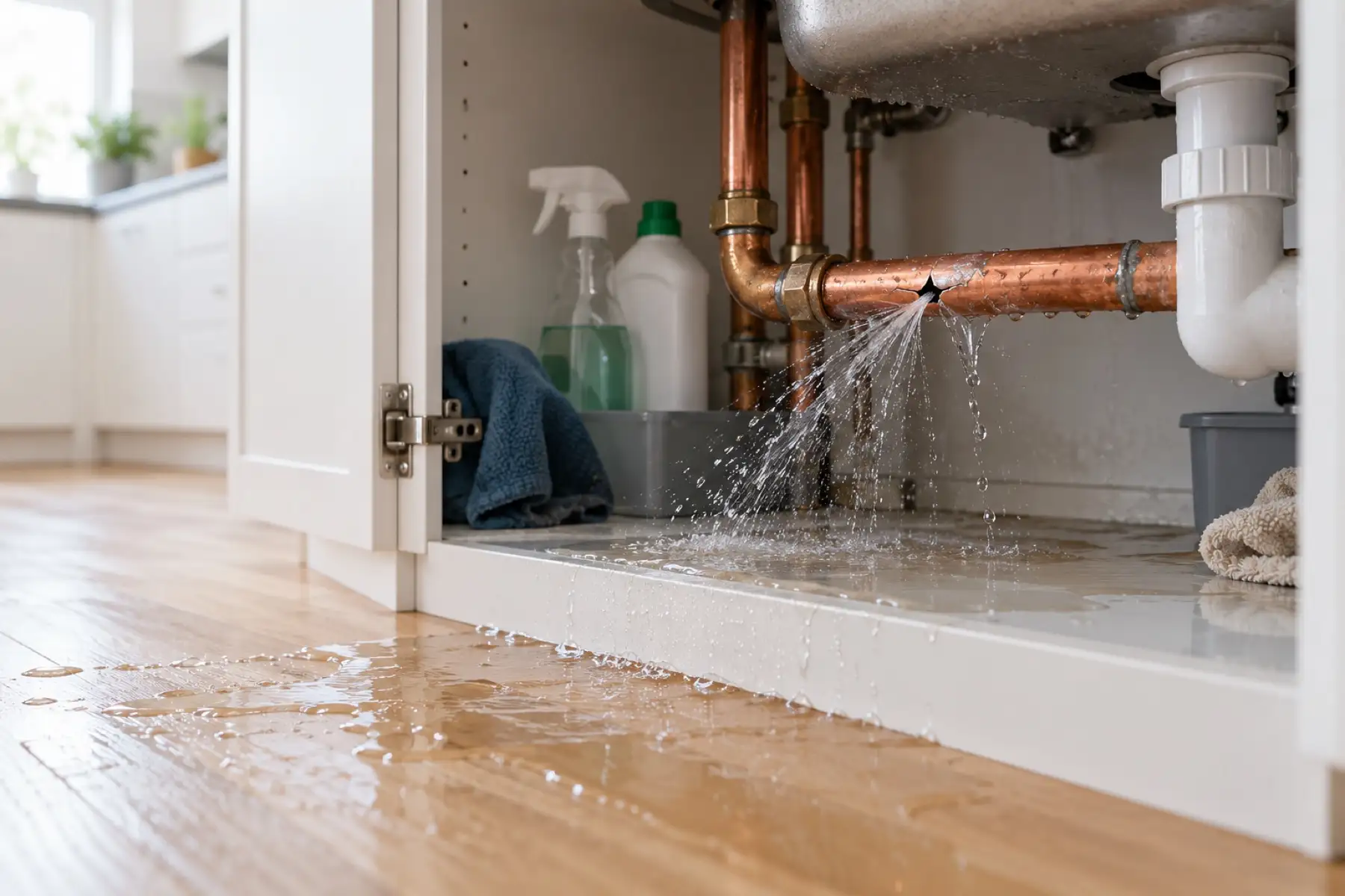 Burst copper pipe spraying water under a kitchen sink onto a wood floor