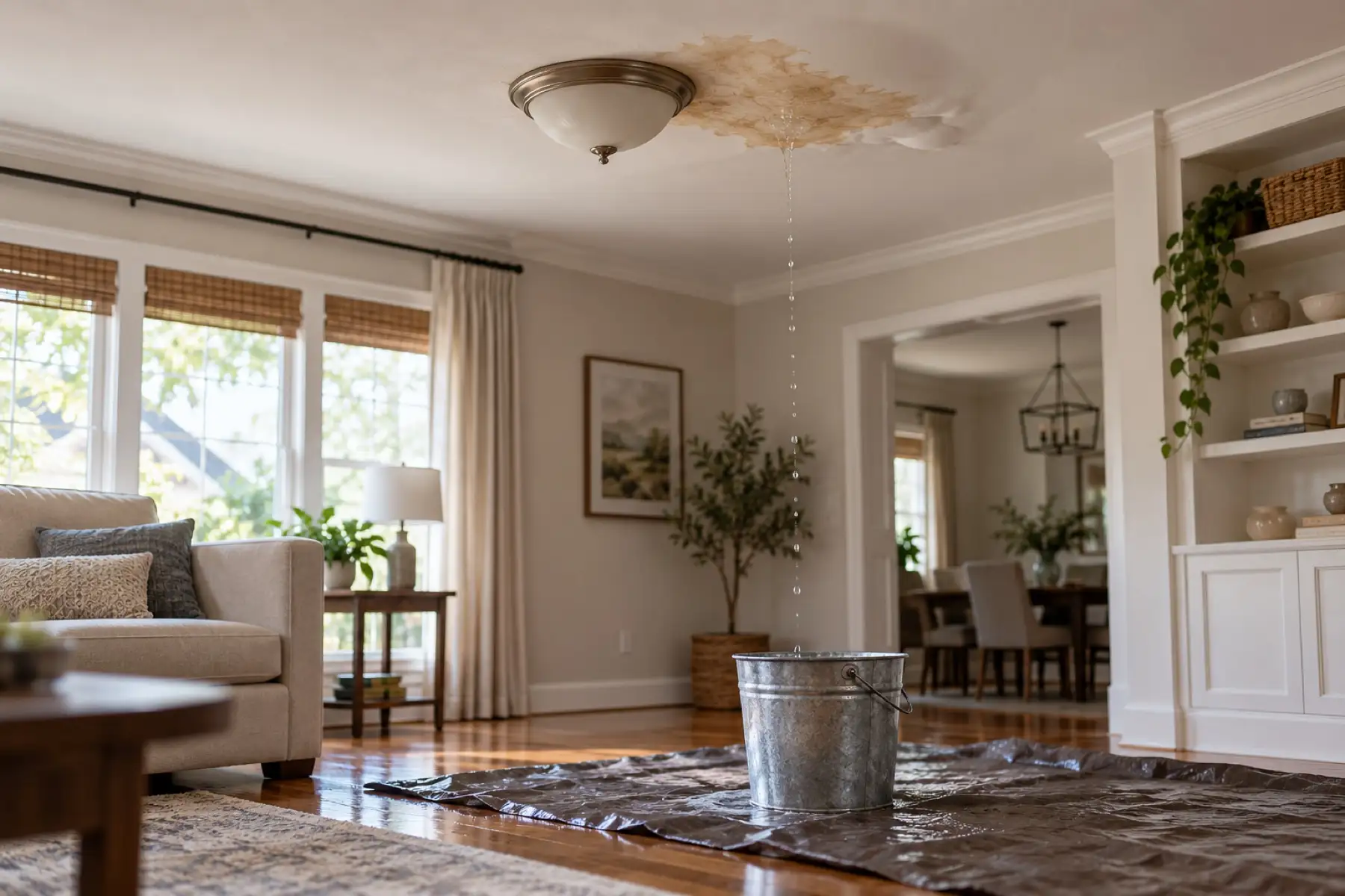 Water-stained living room ceiling dripping into a bucket on a tarp