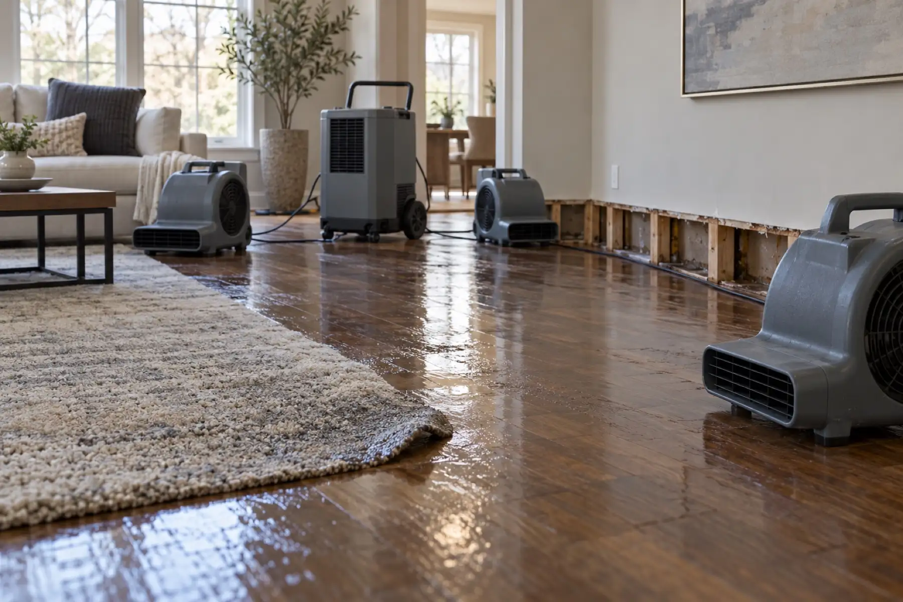 Air movers and a dehumidifier drying a wet hardwood floor