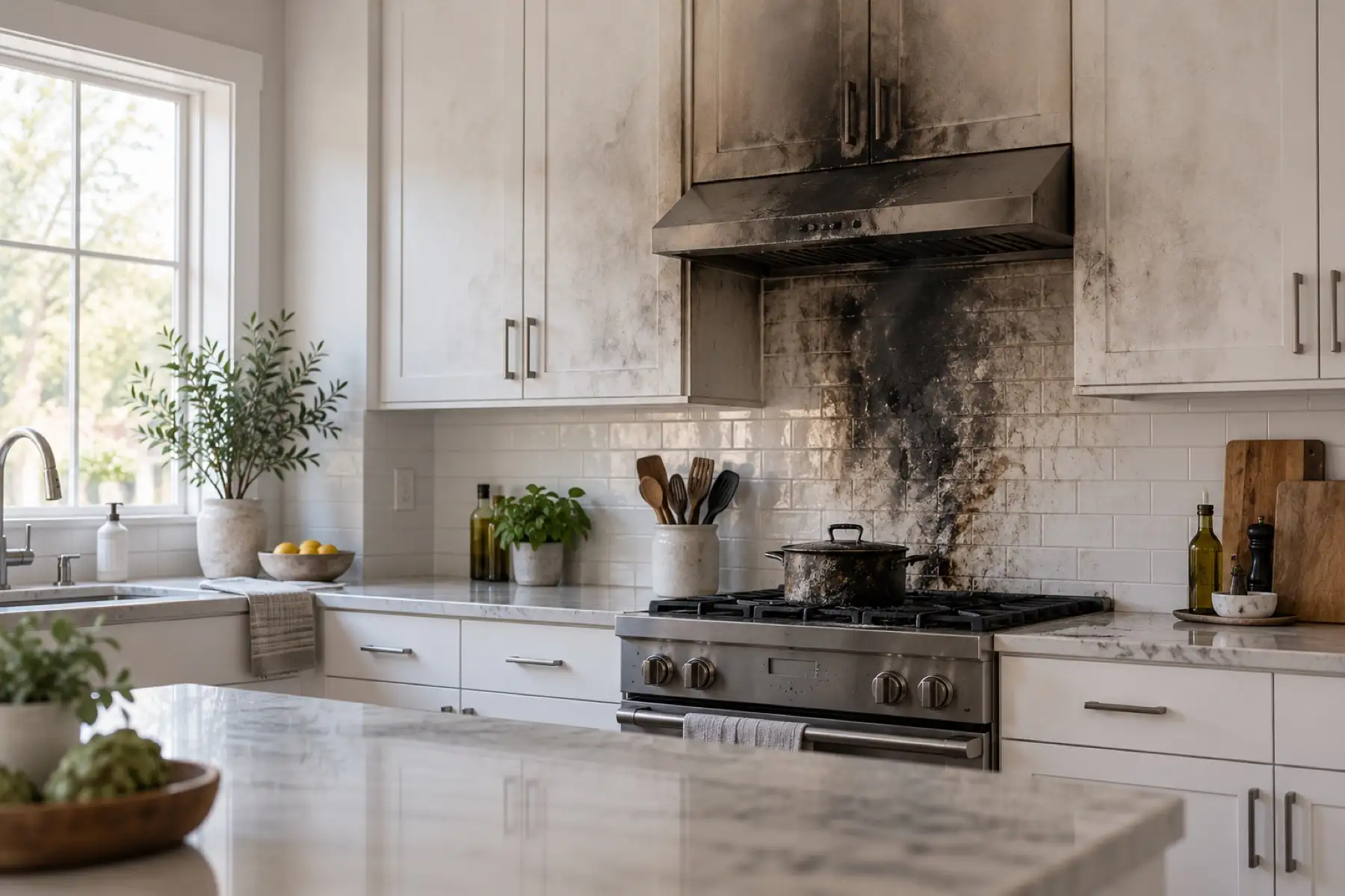 Kitchen with soot damage on the wall and cabinets above the stove
