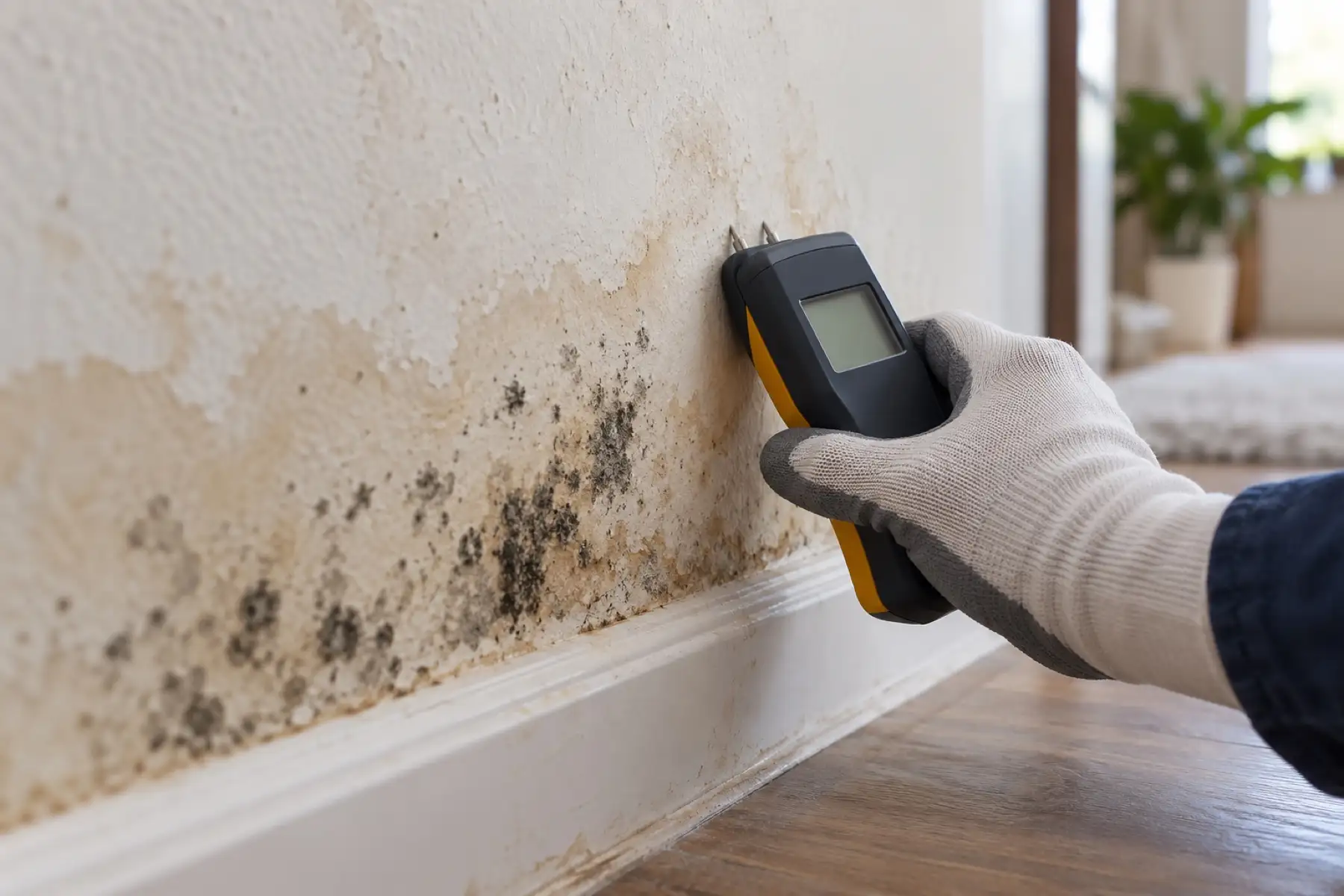 Mold spots on drywall above a baseboard checked with a moisture meter